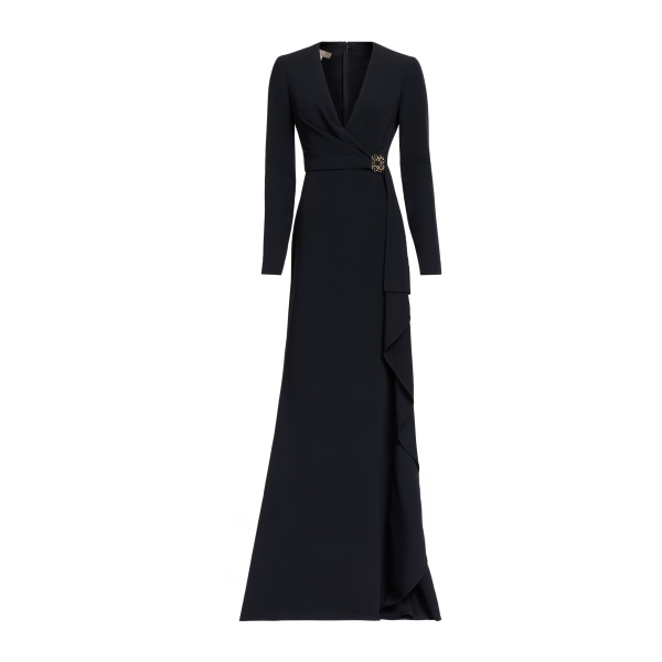 Elie Saab V-Neck Cady Dress in Black featuring  – Luxury Designer Fashion at Coveti.