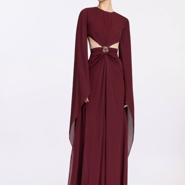 Elie Saab Wineberry Silk Long Dress in Red featuring  – Luxury Designer Fashion at Coveti.