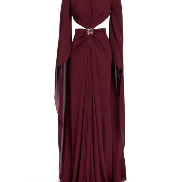 Elie Saab Wineberry Silk Long Dress in Red featuring  – Luxury Designer Fashion at Coveti.