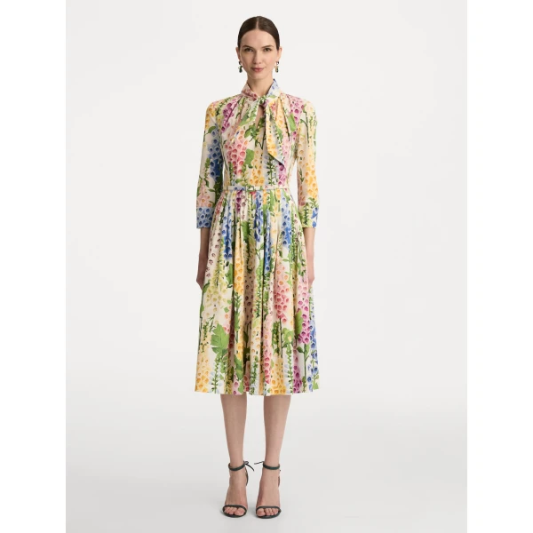 Oscar de la Renta Foxglove Cotton Poplin Tie-Neck Dress - Oscar de la Renta Dresses - American Couture - Shop at Coveti
