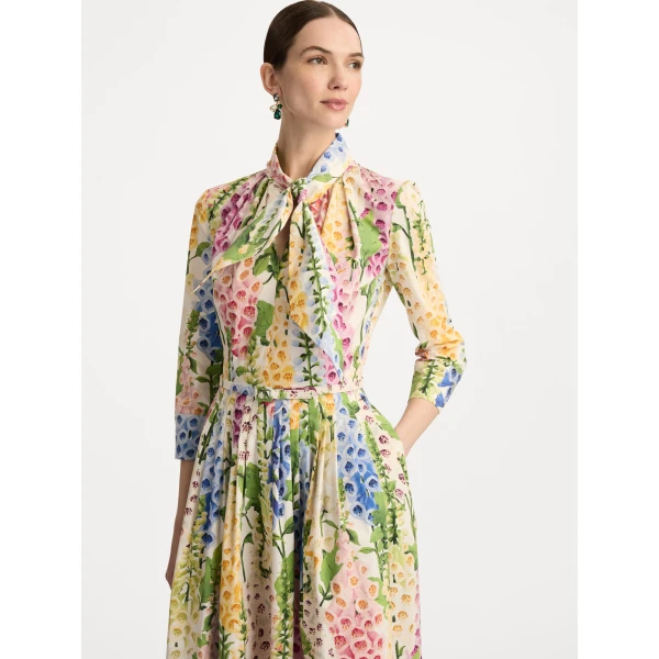Oscar de la Renta Foxglove Cotton Poplin Tie-Neck Dress - Oscar de la Renta Dresses - American Couture - Shop at Coveti