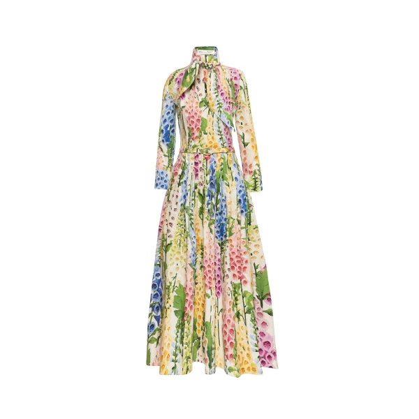 Oscar de la Renta Foxglove Cotton Poplin Tie-Neck Dress - Oscar de la Renta Dresses - American Couture - Shop at Coveti