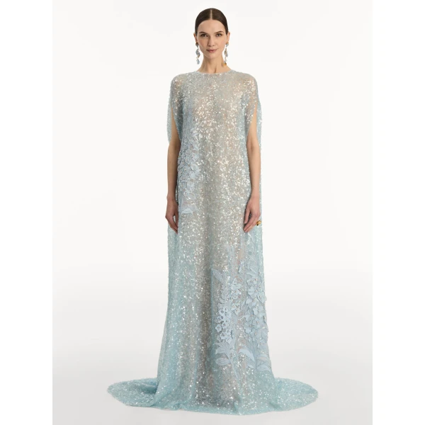 Oscar de la Renta Foxglove Embroidered Sequin Tulle Caftan - Oscar de la Renta Dresses - American Couture - Shop at Coveti