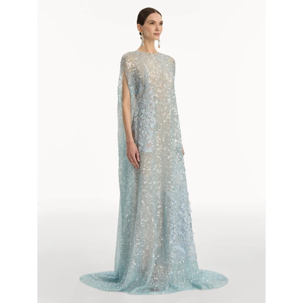 Oscar de la Renta Foxglove Embroidered Sequin Tulle Caftan - Oscar de la Renta Dresses - American Couture - Shop at Coveti