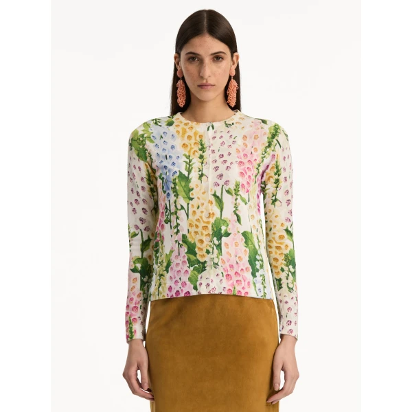 Oscar de la Renta Foxglove Printed Cardigan - Oscar de la Renta Knitwear - American Couture - Shop at Coveti