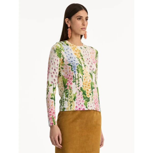 Oscar de la Renta Foxglove Printed Cardigan - Oscar de la Renta Knitwear - American Couture - Shop at Coveti
