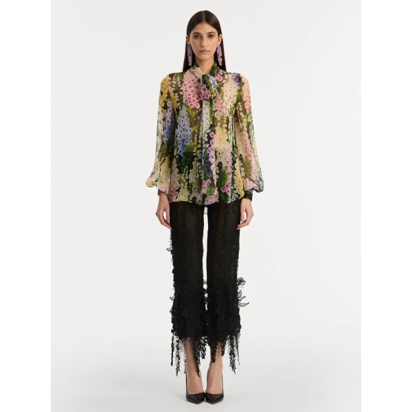 Oscar de la Renta Foxglove Tie-Neck Chiffon Blouse - Oscar de la Renta Tops - American Couture - Shop at Coveti