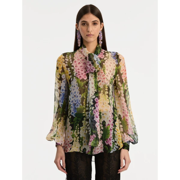 Oscar de la Renta Foxglove Tie-Neck Chiffon Blouse - Oscar de la Renta Tops - American Couture - Shop at Coveti