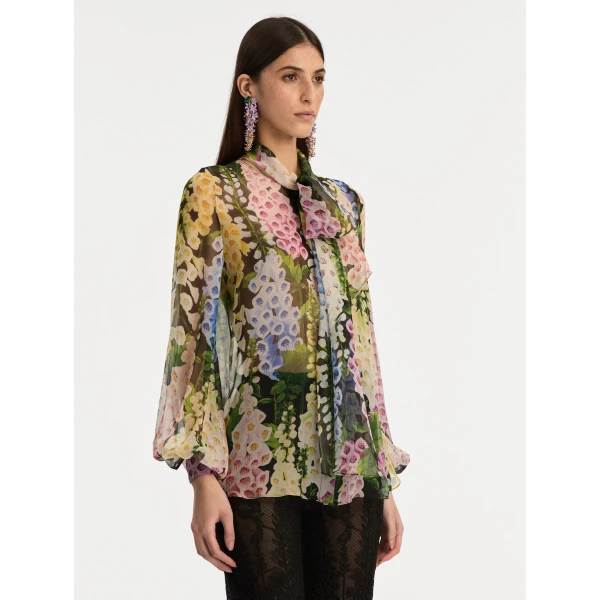 Oscar de la Renta Foxglove Tie-Neck Chiffon Blouse - Oscar de la Renta Tops - American Couture - Shop at Coveti
