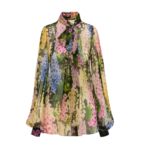 Oscar de la Renta Foxglove Tie-Neck Chiffon Blouse - Oscar de la Renta Tops - American Couture - Shop at Coveti