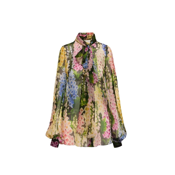 Oscar de la Renta Foxglove Tie-Neck Chiffon Blouse - Oscar de la Renta Tops - American Couture - Shop at Coveti