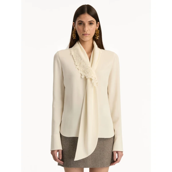Oscar de la Renta Foxglove Tie-Neck Georgette Blouse - Oscar de la Renta Tops - American Couture - Shop at Coveti