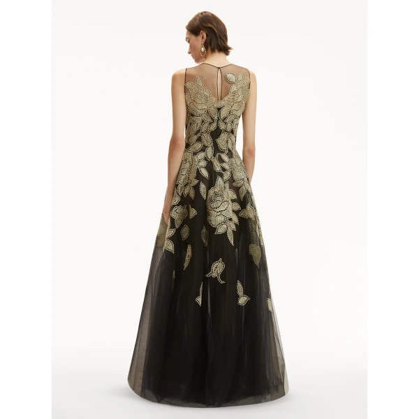 Oscar de la Renta Gold Foil Rose Appliqué Gown - Oscar de la Renta Dresses - American Couture - Shop at Coveti