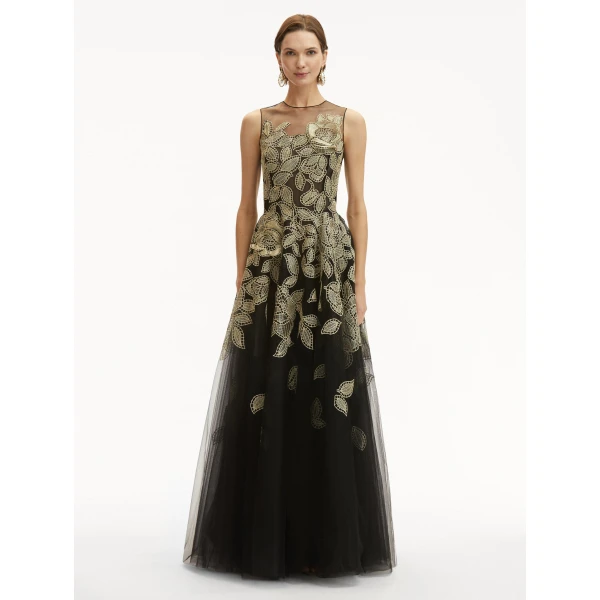 Oscar de la Renta Gold Foil Rose Appliqué Gown - Oscar de la Renta Dresses - American Couture - Shop at Coveti
