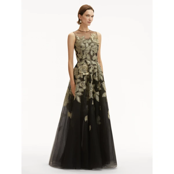 Oscar de la Renta Gold Foil Rose Appliqué Gown - Oscar de la Renta Dresses - American Couture - Shop at Coveti