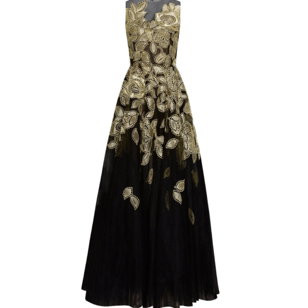 Oscar de la Renta Gold Foil Rose Appliqué Gown - Oscar de la Renta Dresses - American Couture - Shop at Coveti