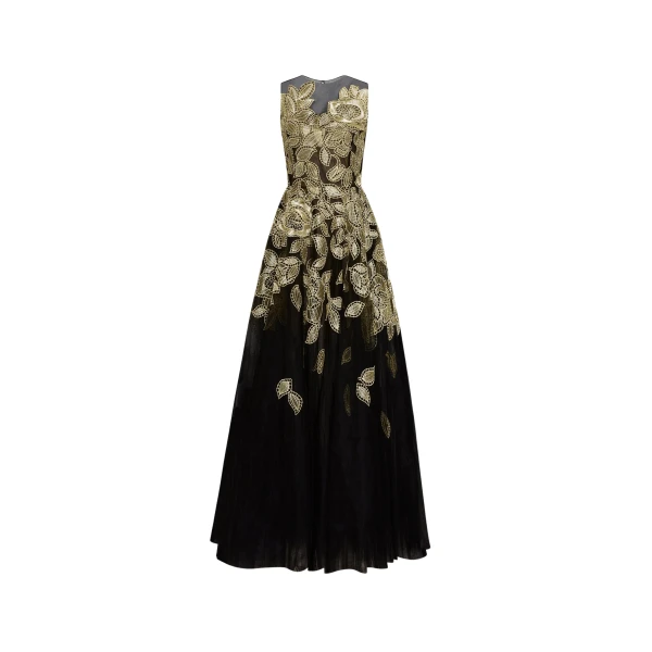 Oscar de la Renta Gold Foil Rose Appliqué Gown - Oscar de la Renta Dresses - American Couture - Shop at Coveti