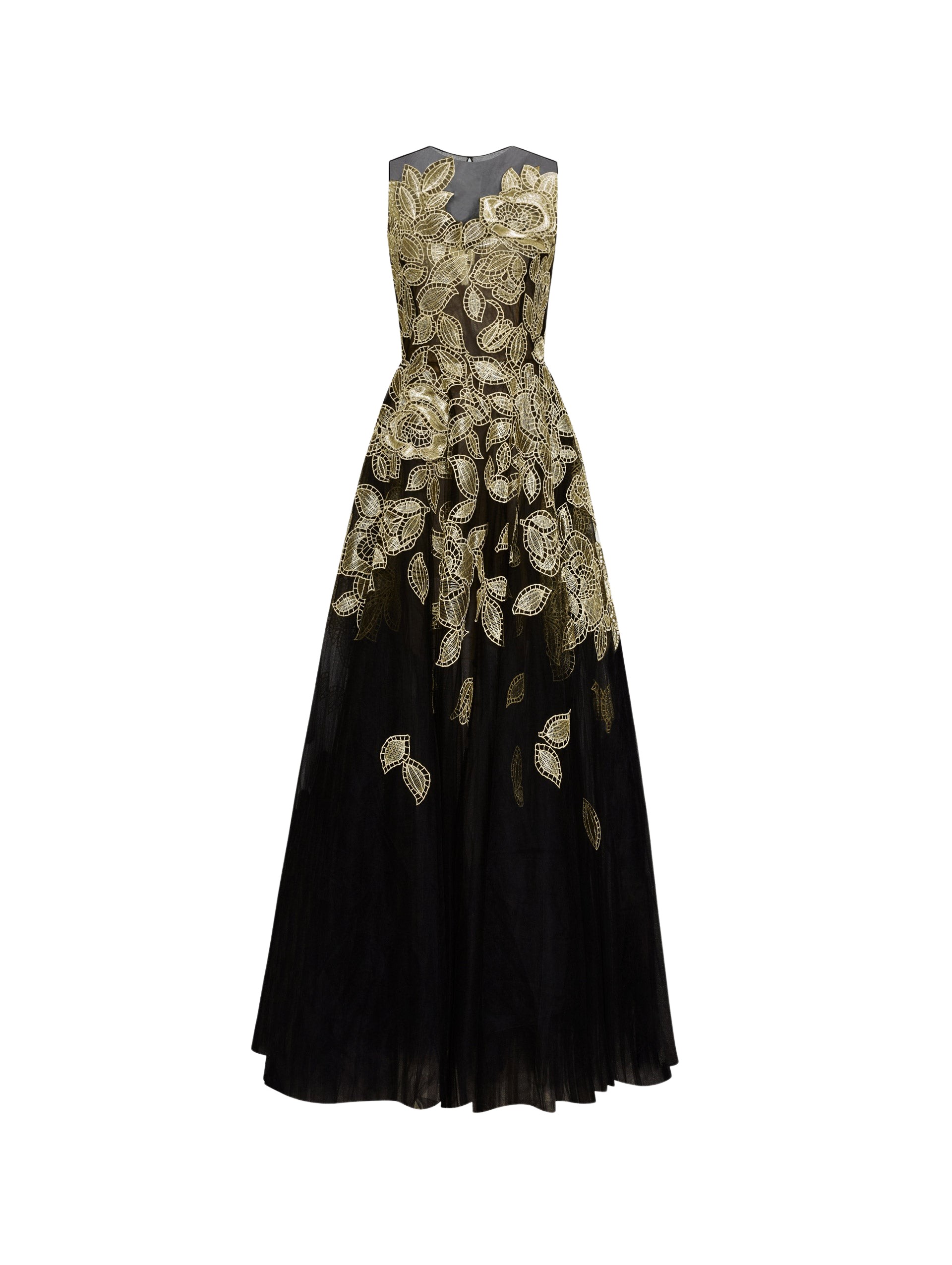 Oscar de la Renta Gold Foil Rose Appliqué Gown
