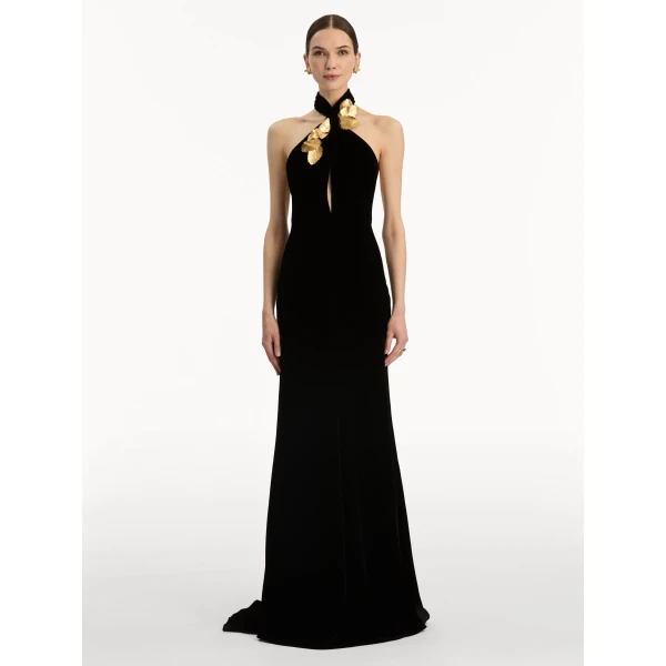 Oscar de la Renta Gold Leaf Embroidered Velvet Gown - Oscar de la Renta Dresses - American Couture - Shop at Coveti