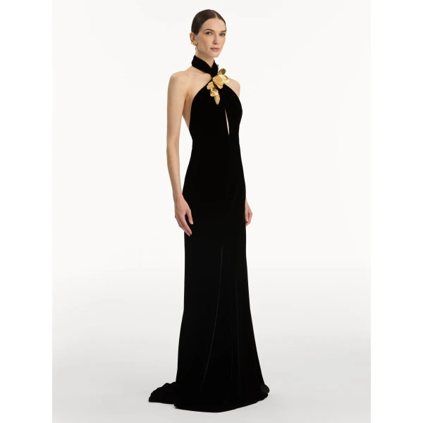 Oscar de la Renta Gold Leaf Embroidered Velvet Gown - Oscar de la Renta Dresses - American Couture - Shop at Coveti