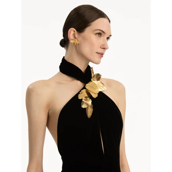 Oscar de la Renta Gold Leaf Embroidered Velvet Gown - Oscar de la Renta Dresses - American Couture - Shop at Coveti