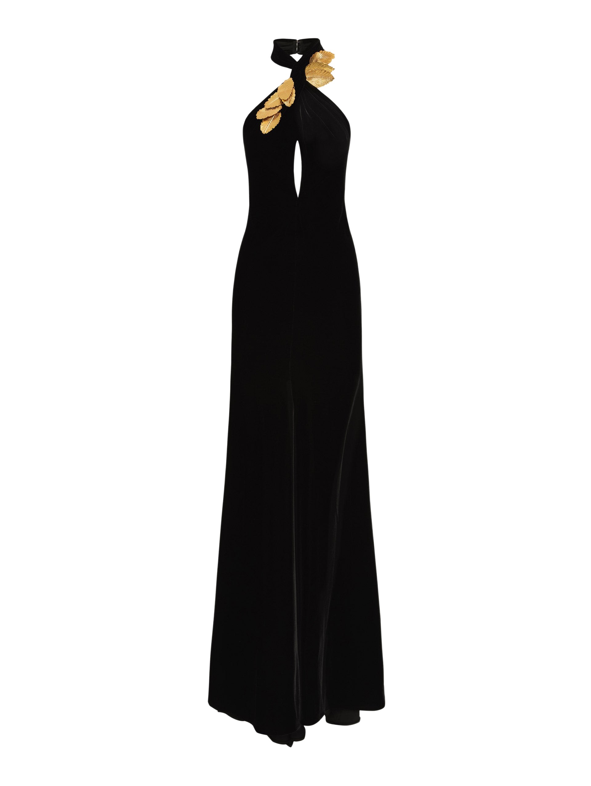 Oscar de la Renta Gold Leaf Embroidered Velvet Gown