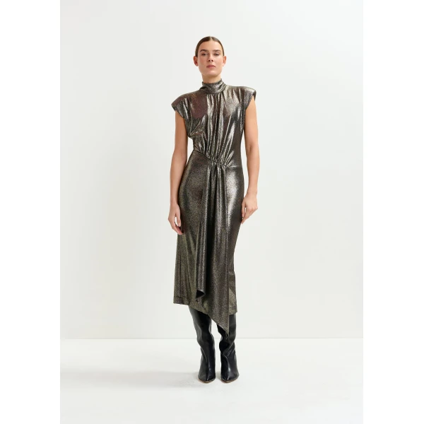 Essentiel Antwerp Gold stretch lurex midi-length dress, view 2