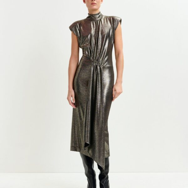 Essentiel Antwerp Gold stretch lurex midi-length dress - Essentiel Antwerp Dresses - Colorful Belgian Design - Shop at Coveti