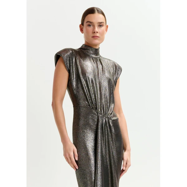 Essentiel Antwerp Gold stretch lurex midi-length dress, view 3