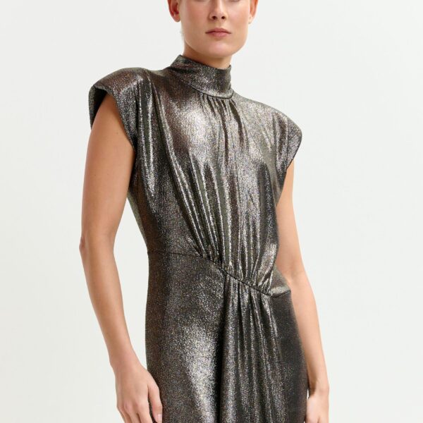 Essentiel Antwerp Gold stretch lurex midi-length dress - Essentiel Antwerp Dresses - Colorful Belgian Design - Shop at Coveti