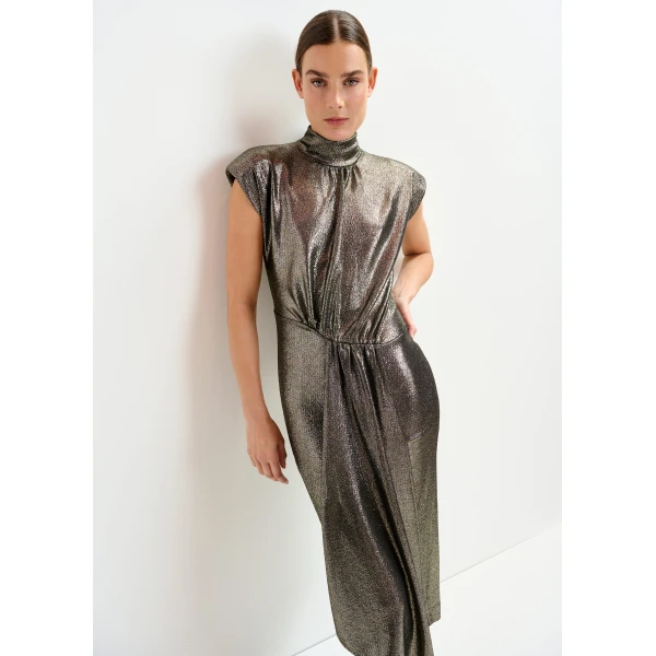 Essentiel Antwerp Gold stretch lurex midi-length dress, view 5