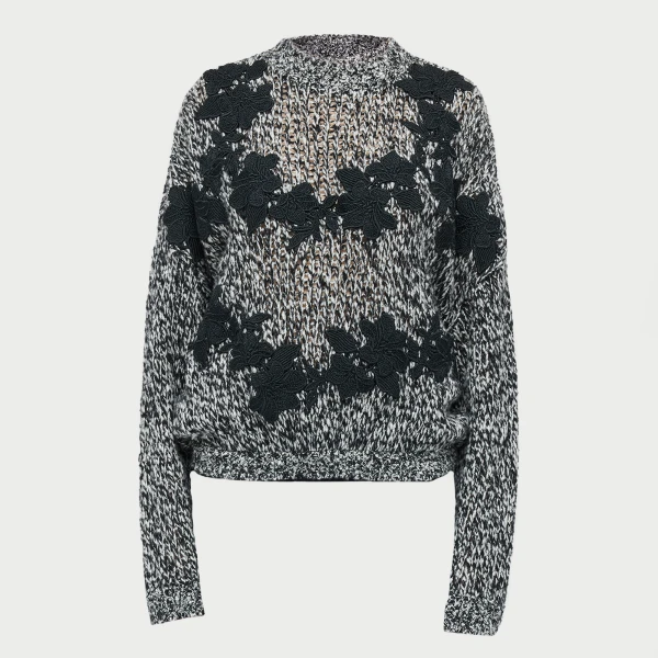 Giambattista Valli Gray Wool Sweater With Black Macramé - Giambattista Valli Knitwear - Romantic Couture - Shop at Coveti