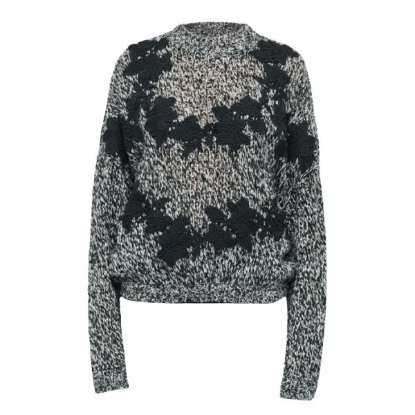 Giambattista Valli Gray Wool Sweater With Black Macramé - Giambattista Valli Knitwear - Romantic Couture - Shop at Coveti