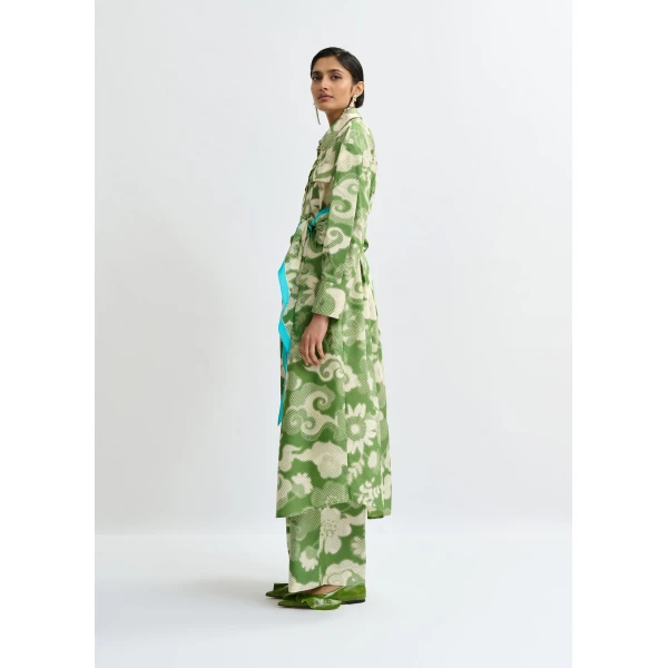 Essentiel Antwerp Green and cream cotton-blend floral-print shirt dress, view 3