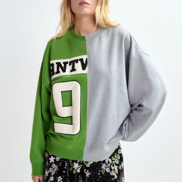 Essentiel Antwerp Green and grey split-panel appliquéd cotton sweatshirt - Essentiel Antwerp Shirts - Colorful Belgian Design - Shop at Coveti