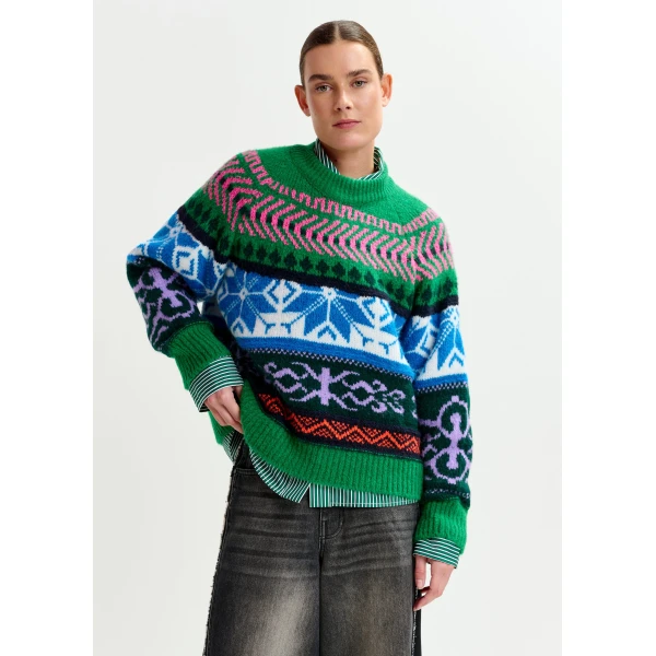 Essentiel Antwerp Green and multicolor mélange knit jacquard sweater, view 2
