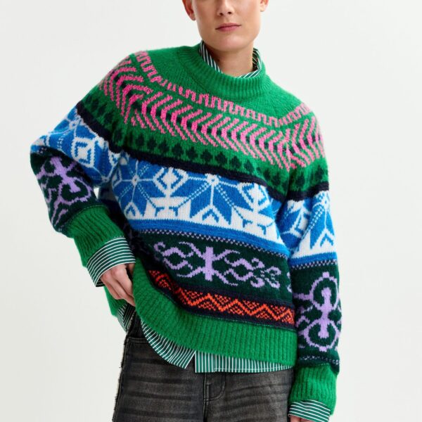 Essentiel Antwerp Green and multicolor mélange knit jacquard sweater - Essentiel Antwerp Jackets - Colorful Belgian Design - Shop at Coveti