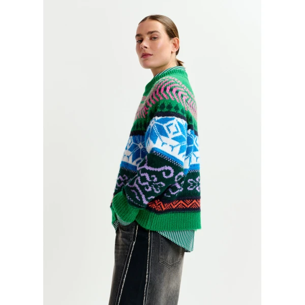 Essentiel Antwerp Green and multicolor mélange knit jacquard sweater, view 3