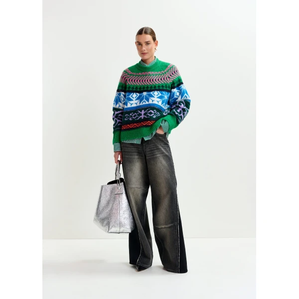 Essentiel Antwerp Green and multicolor mélange knit jacquard sweater, view 5