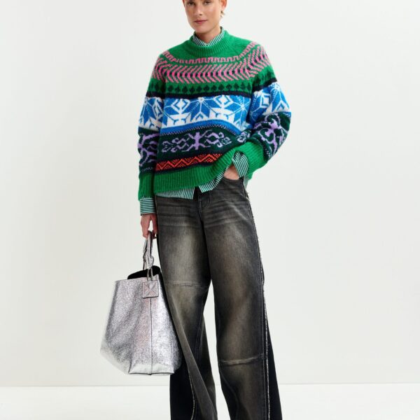 Essentiel Antwerp Green and multicolor mélange knit jacquard sweater - Essentiel Antwerp Jackets - Colorful Belgian Design - Shop at Coveti