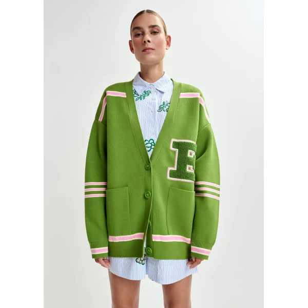 Essentiel Antwerp Green appliquéd cardigan with pink stripes, view 2