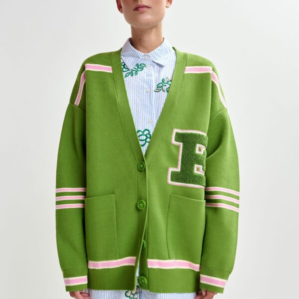 Essentiel Antwerp Green appliquéd cardigan with pink stripes - Essentiel Antwerp Knitwear - Colorful Belgian Design - Shop at Coveti