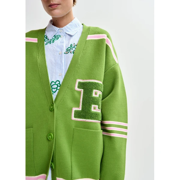 Essentiel Antwerp Green appliquéd cardigan with pink stripes, view 3