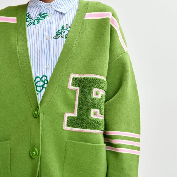 Essentiel Antwerp Green appliquéd cardigan with pink stripes - Essentiel Antwerp Knitwear - Colorful Belgian Design - Shop at Coveti