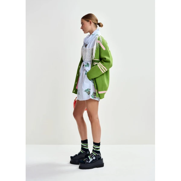 Essentiel Antwerp Green appliquéd cardigan with pink stripes, view 4