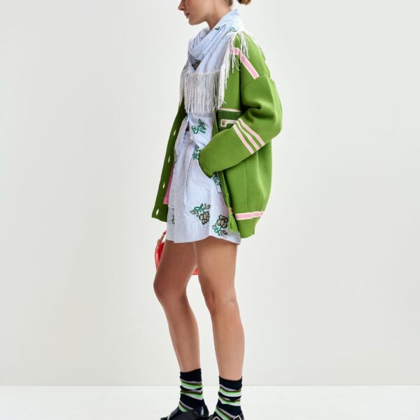 Essentiel Antwerp Green appliquéd cardigan with pink stripes - Essentiel Antwerp Knitwear - Colorful Belgian Design - Shop at Coveti