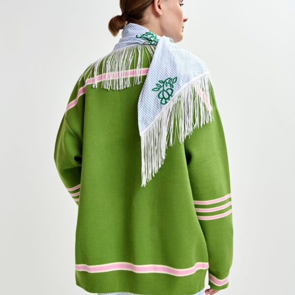 Essentiel Antwerp Green appliquéd cardigan with pink stripes - Essentiel Antwerp Knitwear - Colorful Belgian Design - Shop at Coveti