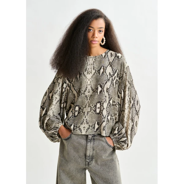 Essentiel Antwerp Green, beige and black top with puffed sleeves and snake print, view 2