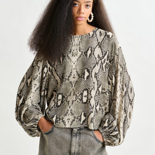 beige and black top with puffed sleeves and snake print - Essentiel Antwerp Tops - Colorful Belgian Design - Shop at Coveti