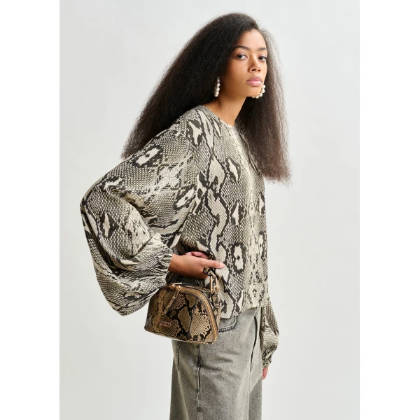 Essentiel Antwerp Green, beige and black top with puffed sleeves and snake print, view 3